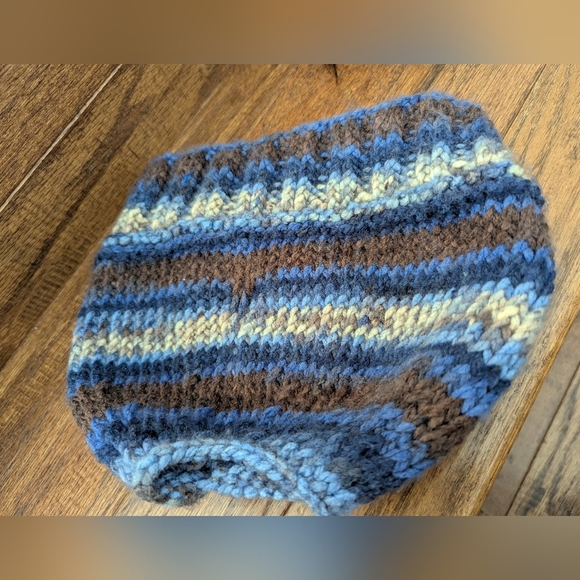 Hand Knit Pony Tail Hat Blue Purple Brown Wool Blend ADULT  OS New - Picture 4 of 5